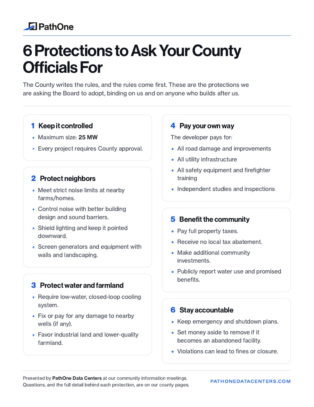 The one-page handout, 6 Protections to Ask Your County Officials For